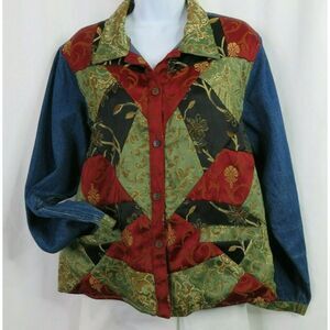 April Cornell Denim Jacket Brocade Patchwork Ladies Medium Button Front Jean
